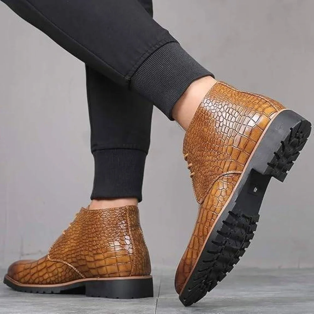 Santimon‎ Men's US 8.5 Tan Embossed Lace Up Pointed Toe Ankle Casual Boots